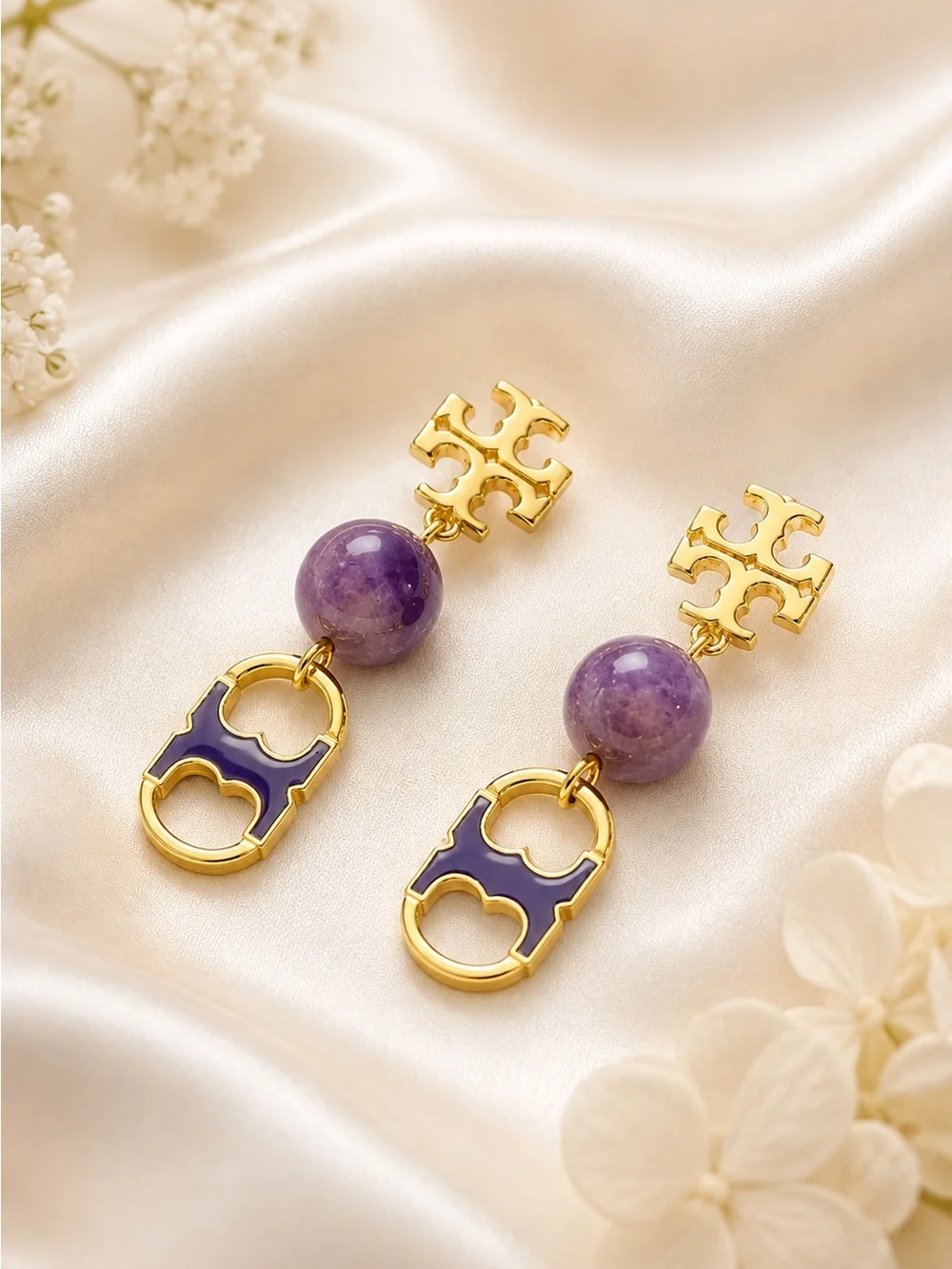 Tory Burch Gold-tone Blue Enamel & Purple Stone Gemini Drop Earrings